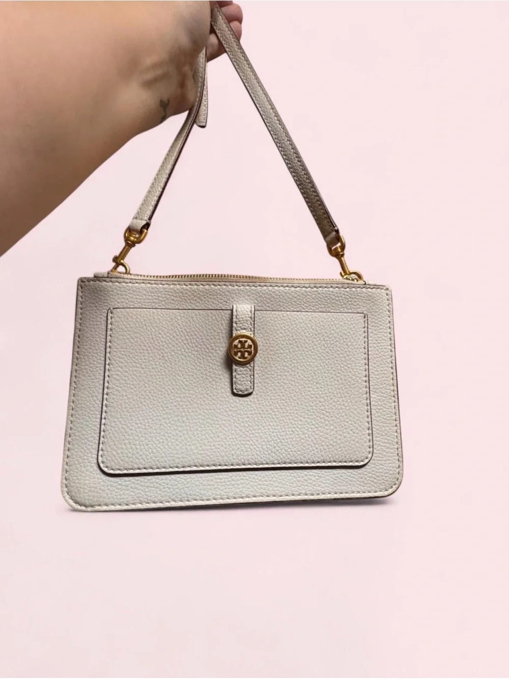 Tory Burch Pebbled Leather Mini Shoulder Bag in Light Beige with Gold Hardware
